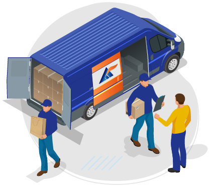 Vector illustration of delivery courier carrying packages in delivery truck,delivery man handing the package to recipient.