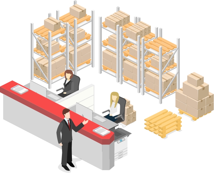 Mail room background, with stacked cardboard boxes in big tall racks , office women sitting in their workstation in front of the racks, a businessman inquiring to the worker.Vector images.