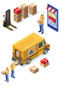 Modern flat vector representation of courier services process with shipping truck,man loading cardboard boxes into it,stacked cardboard boxes near forklift. Another man wearing cap carrying cardboard box.