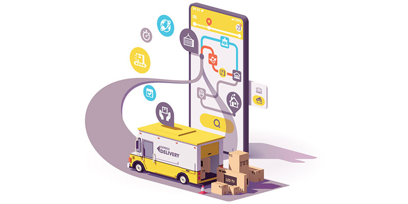 Vector representation of a smartphone and a courier delivery vehicle along with parcels packed in cardboard boxes, some of which have been unloaded from the back of the vehicle.